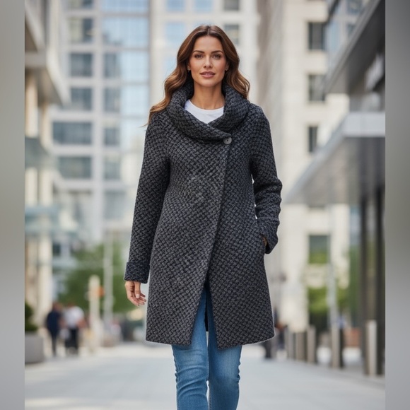 Tahari Sweaters - Tahari Gray& Navy Wool Cowl Neck Cardigan with Textured Design small